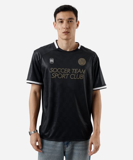 camiseta esportiva masculina manga curta estampada preta