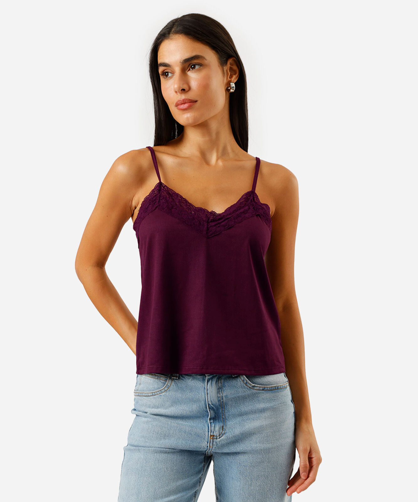 regata feminina de suede com renda vinho