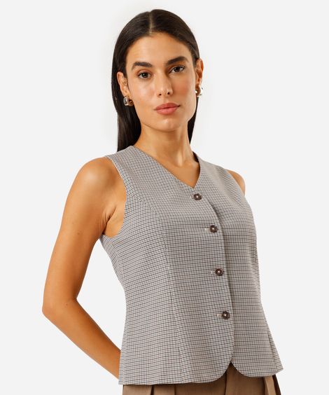 colete feminino decote v xadrez azul