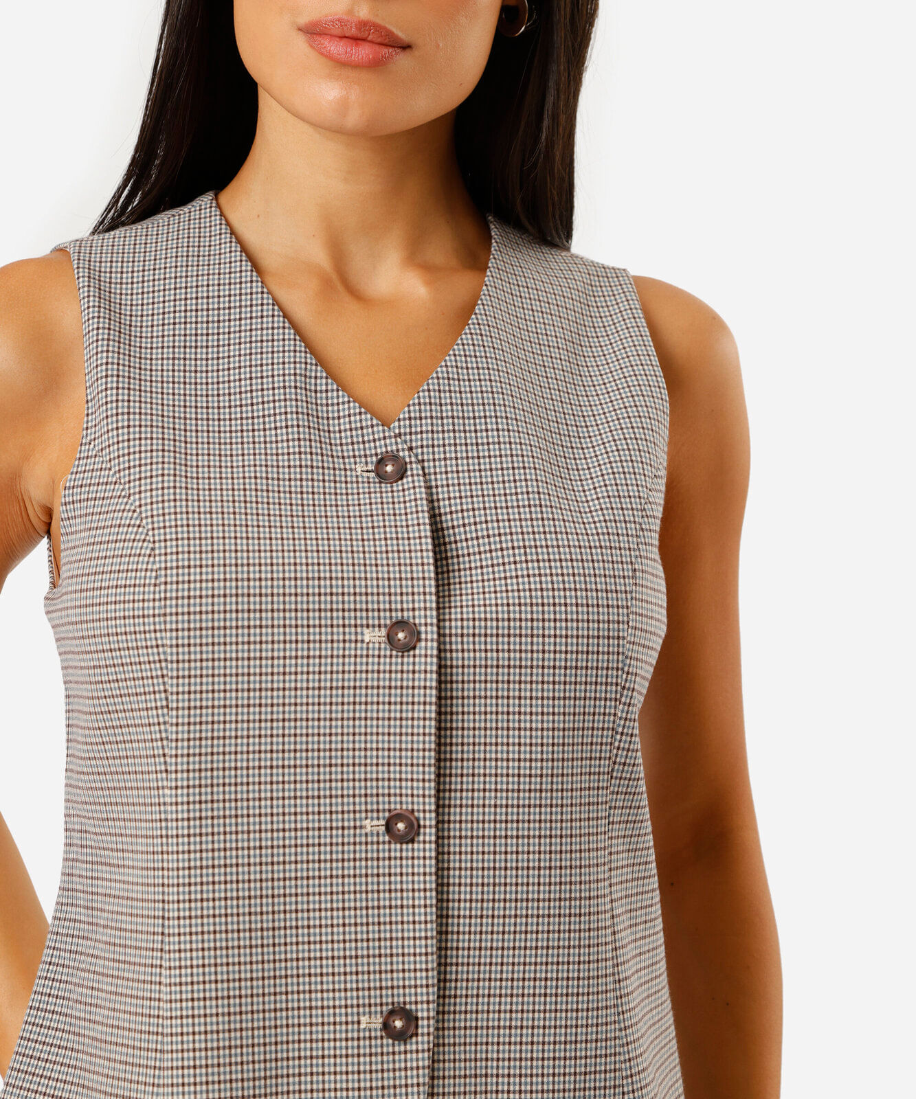 colete feminino decote v xadrez azul