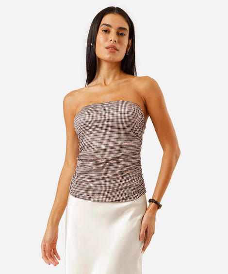 blusa sem alça feminina franzida xadrez bege