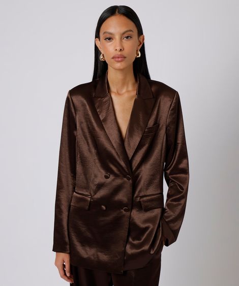 blazer de alfaiataria feminino acetinado mindset marrom