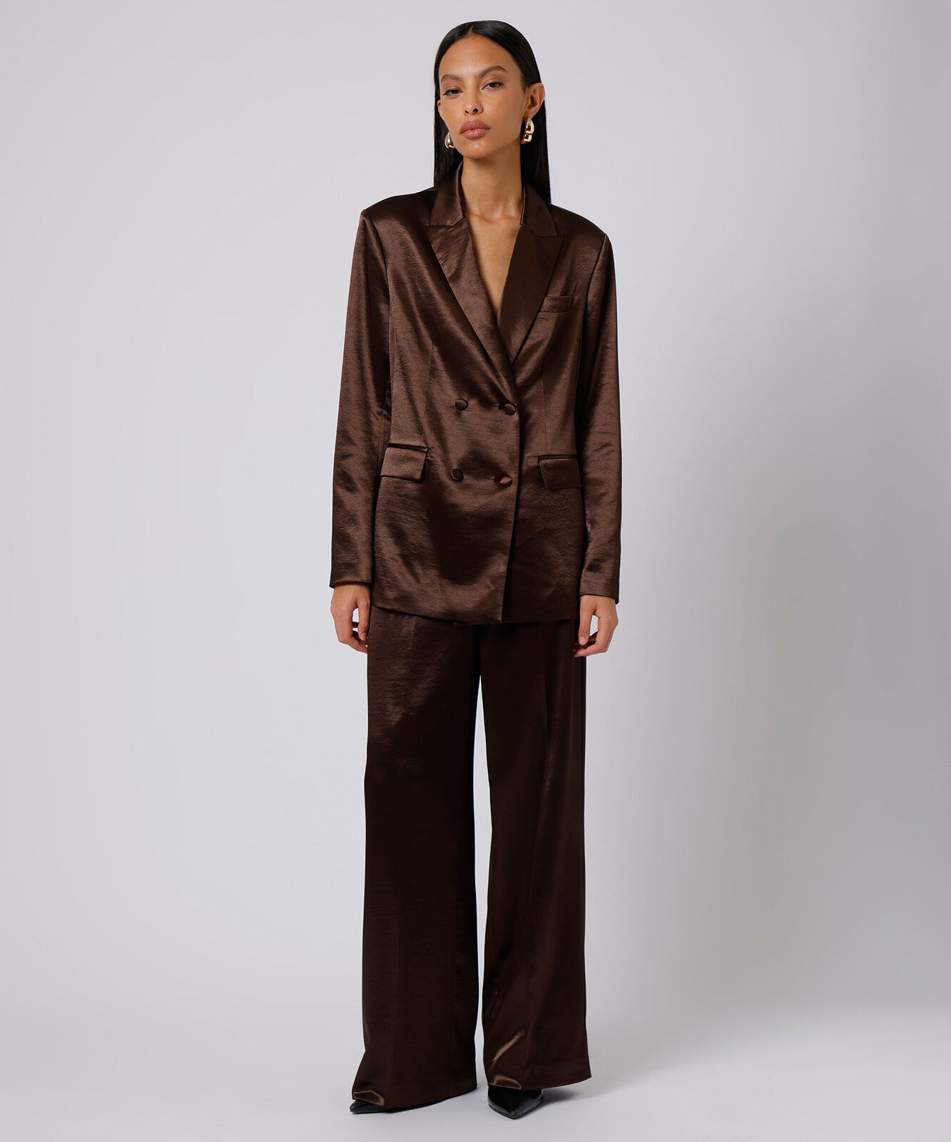 blazer de alfaiataria feminino acetinado mindset marrom