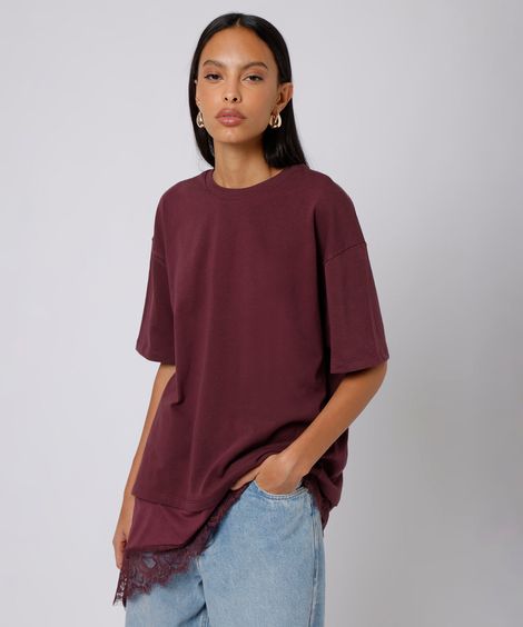 camiseta alongada feminina de algodão com renda mindset vinho