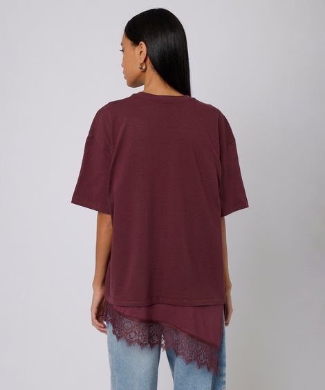 camiseta alongada feminina de algodão com renda mindset vinho