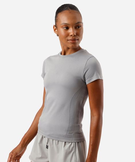 camiseta esportiva feminina de poliamida sem costura cinza