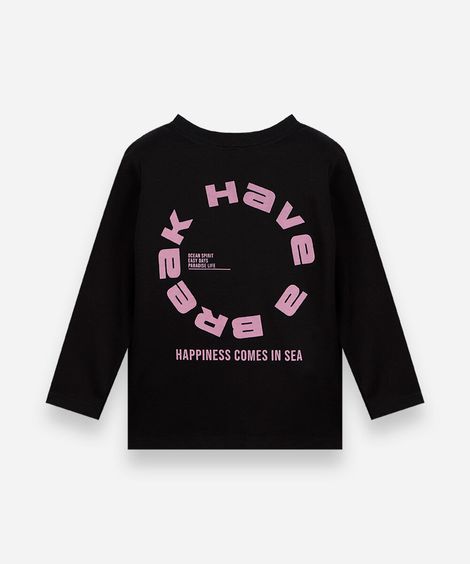 camiseta infantil estampada com manga longa preto