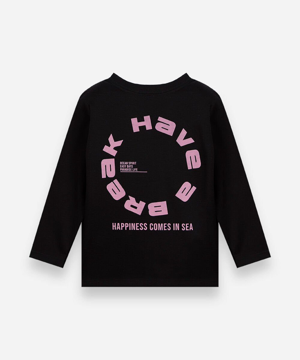 camiseta infantil estampada com manga longa preto