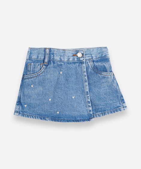 short saia infantil jeans bordado azul