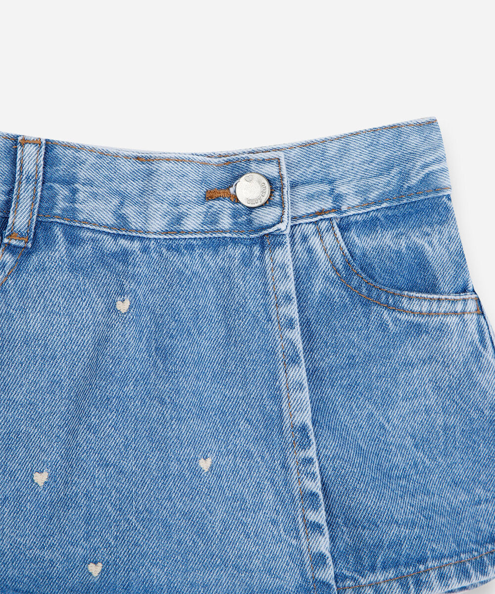 short saia infantil jeans bordado azul