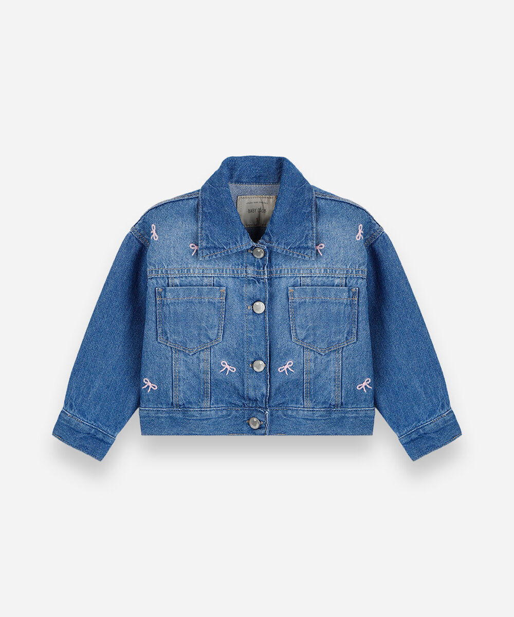 jaqueta infantil jeans com laços bordados azul