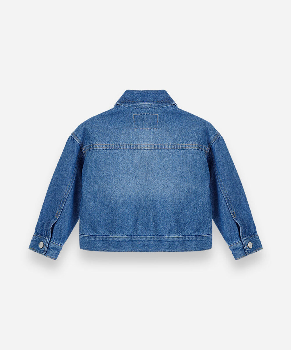 jaqueta infantil jeans com laços bordados azul