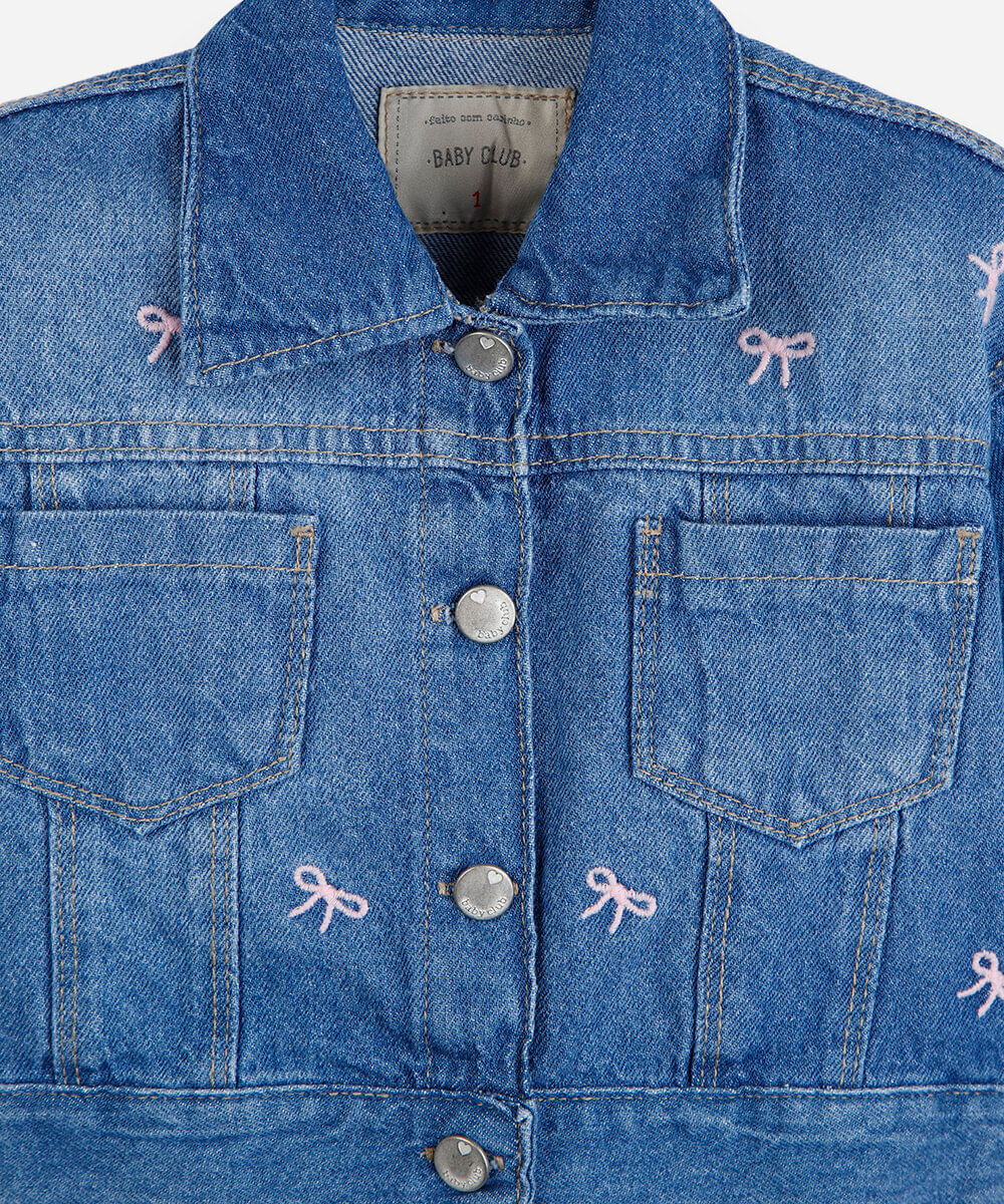 jaqueta infantil jeans com laços bordados azul