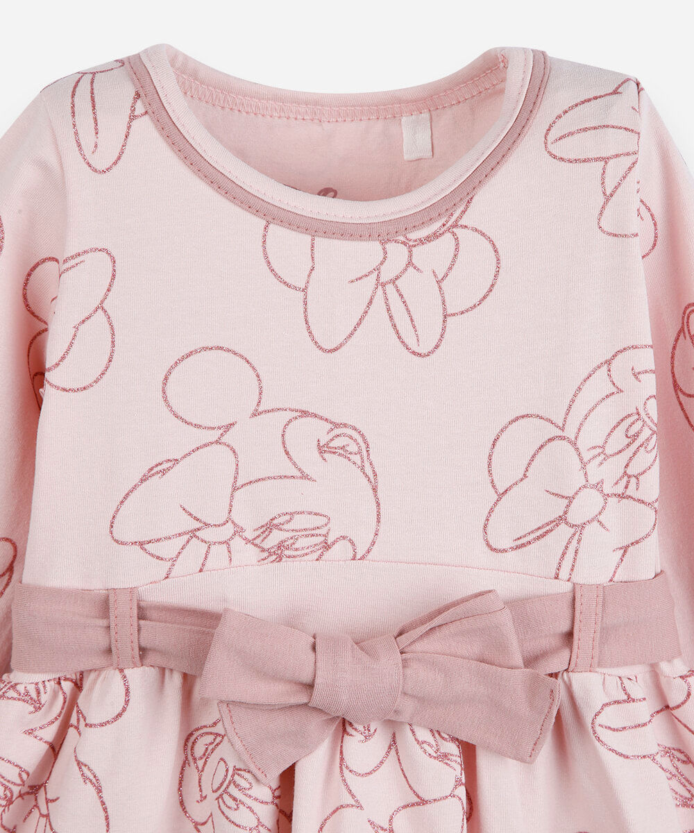 vestido infantil de algodão manga longa minnie rosa