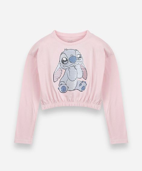 blusa infantil de algodão manga longa stitch com paetê rosa