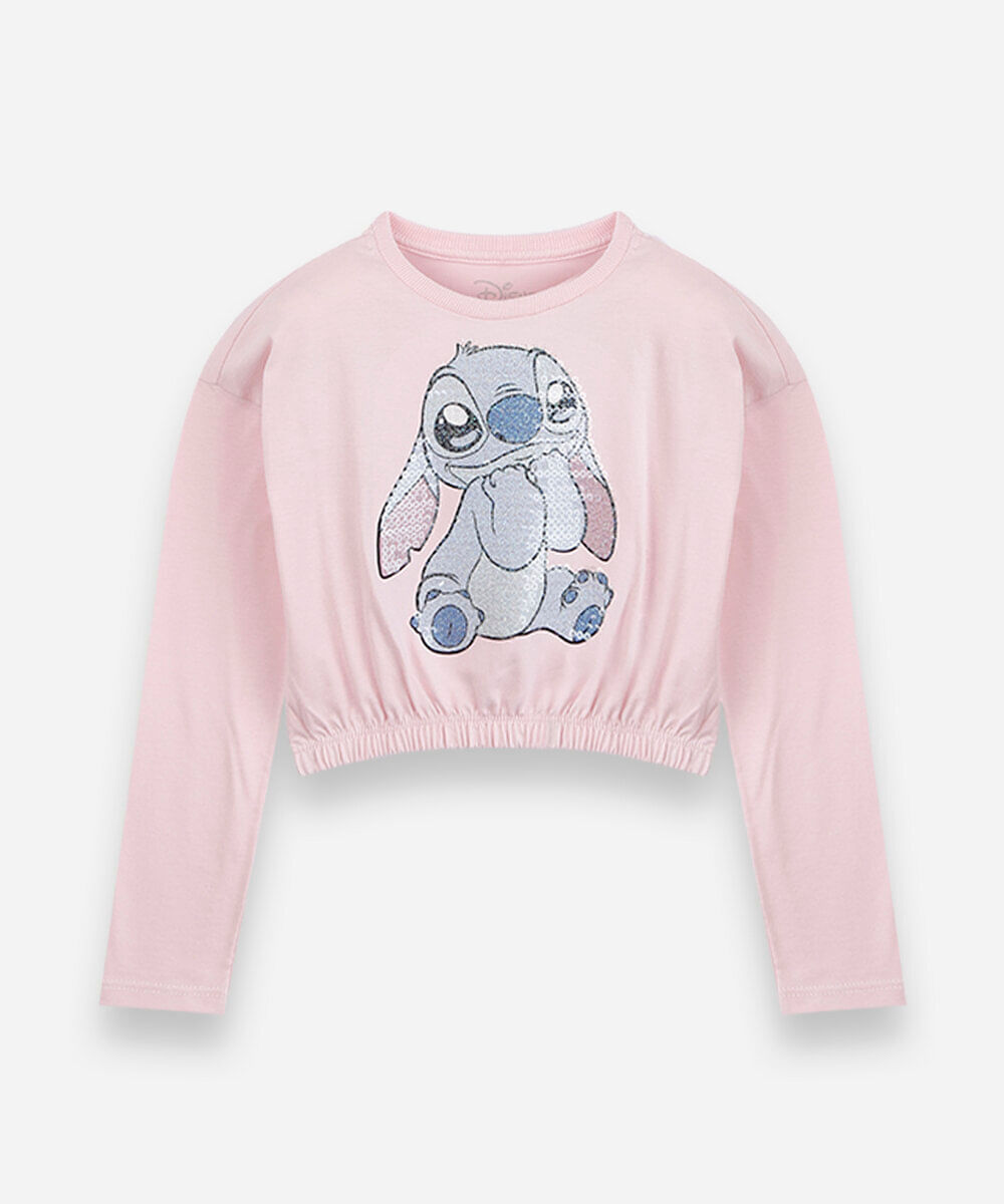 blusa infantil de algodão manga longa stitch com paetê rosa