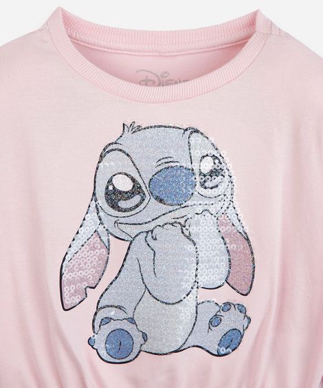 blusa infantil de algodão manga longa stitch com paetê rosa