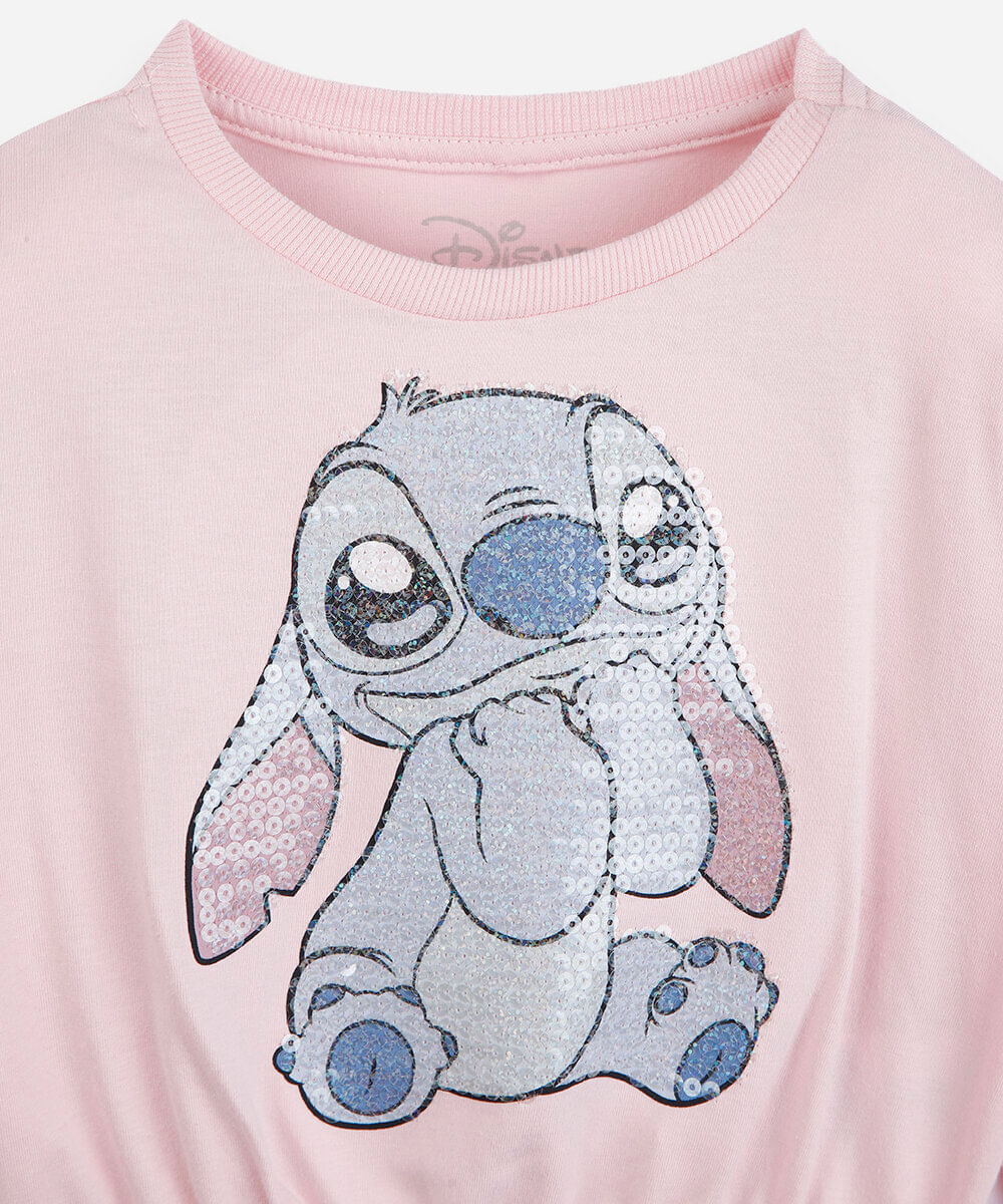 blusa infantil de algodão manga longa stitch com paetê rosa
