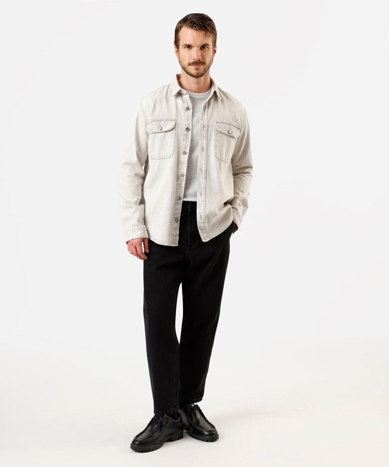 camisa masculina jeans manga longa cinza