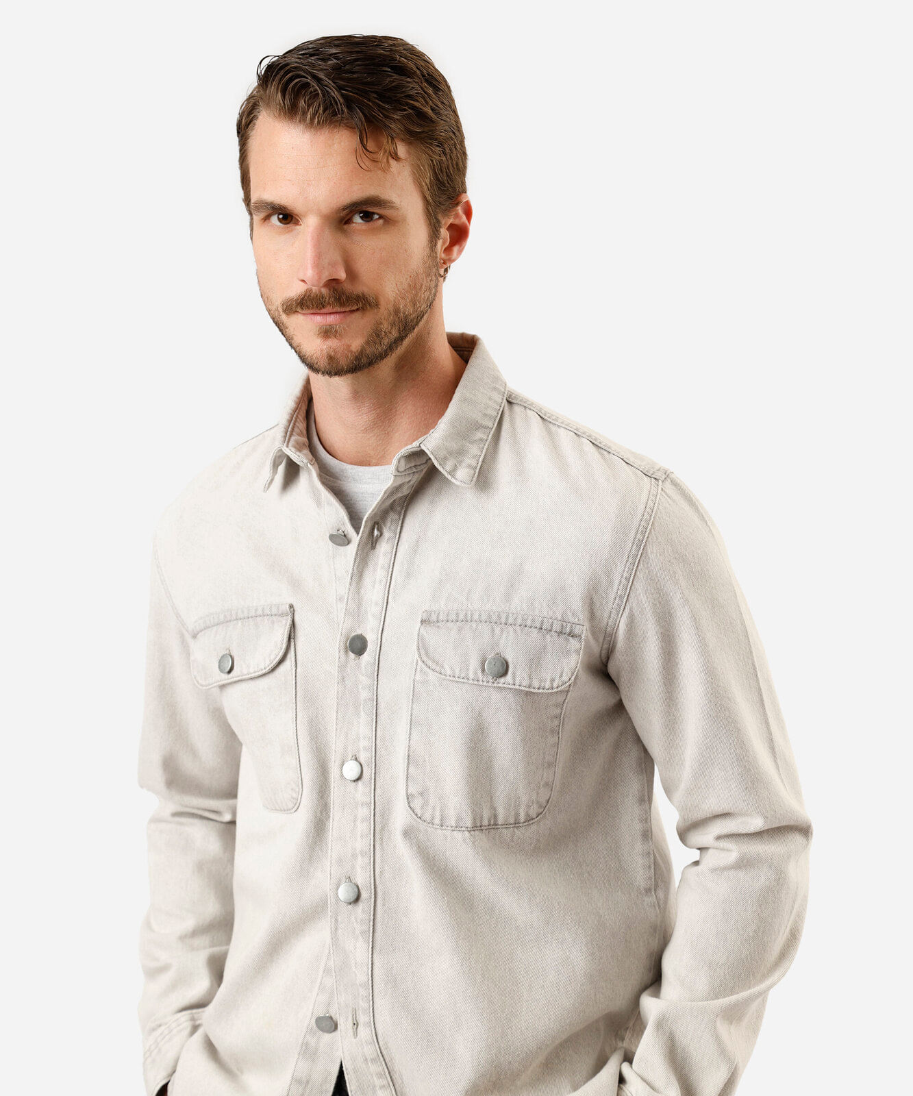 camisa masculina jeans manga longa cinza