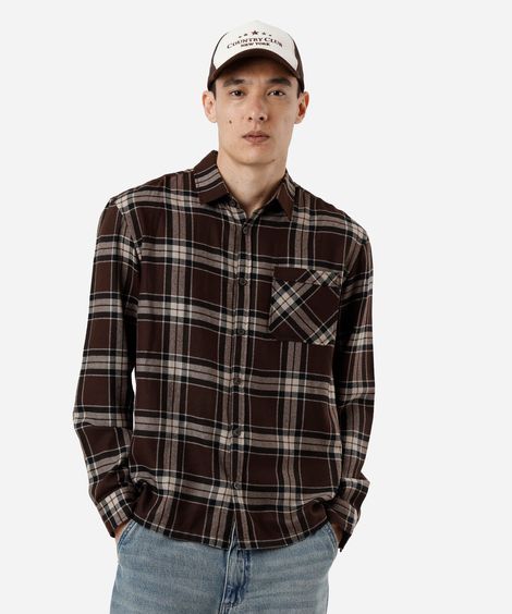 camisa masculina xadrez com mangas longas marrom