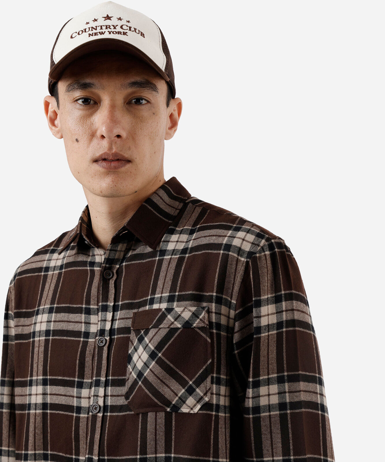 camisa masculina xadrez com mangas longas marrom