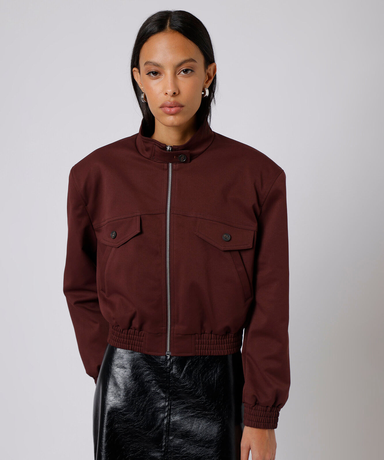 jaqueta bomber cropped feminina funnel neck mindset vinho