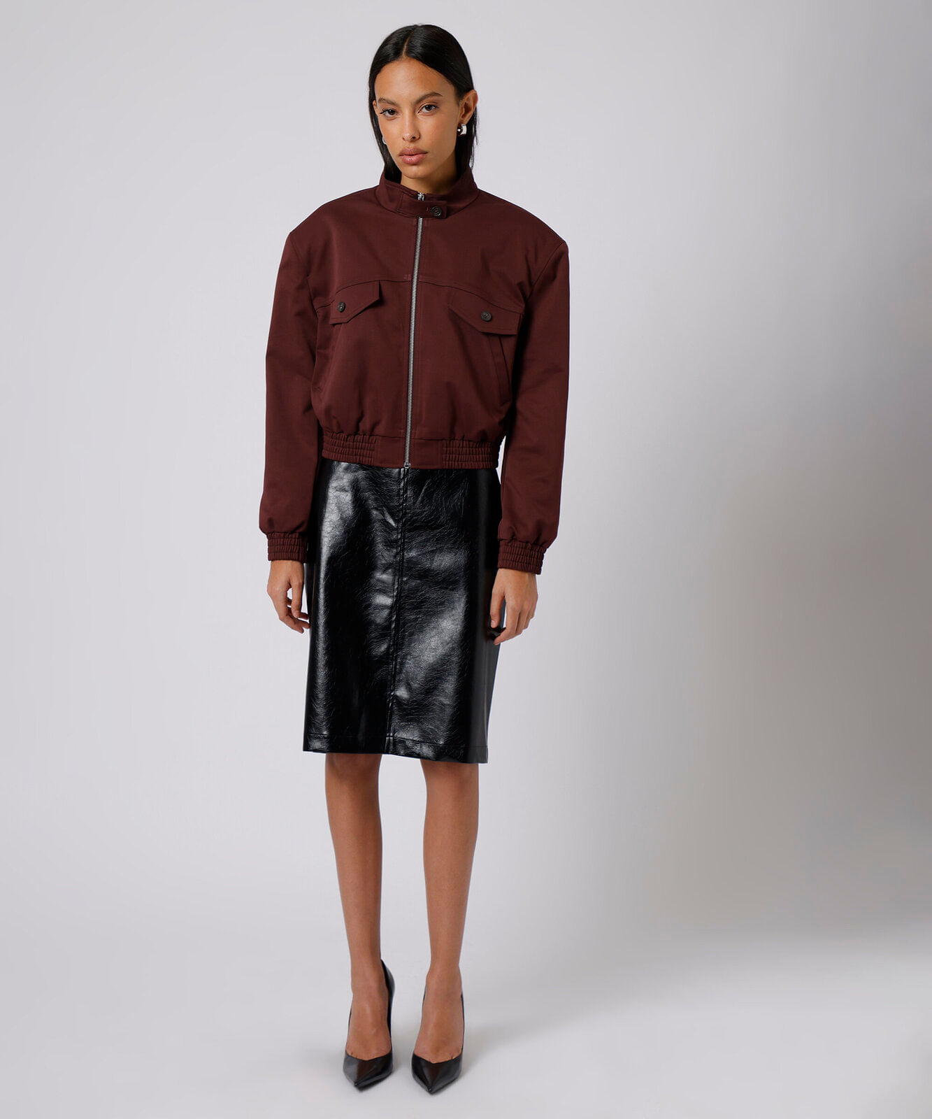 jaqueta bomber cropped feminina funnel neck mindset vinho