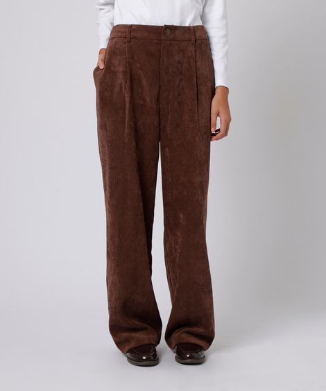 calça de alfaiataria feminina de veludo cotelê mindset marrom