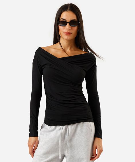 blusa feminina transpassada manga longa preta