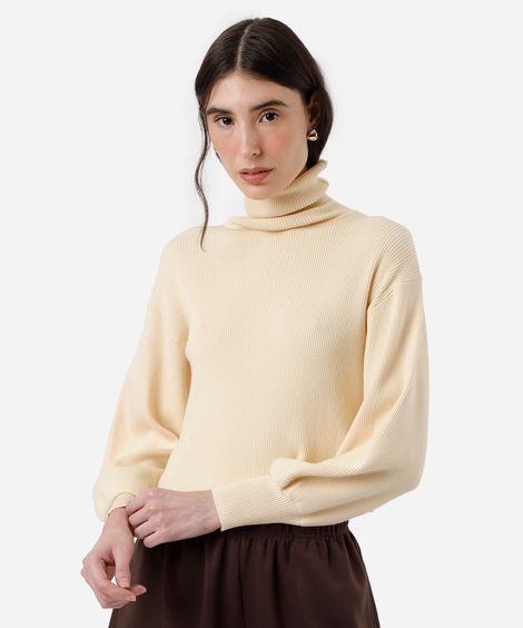 suéter cropped feminino de tricot manga bufante canelado bege