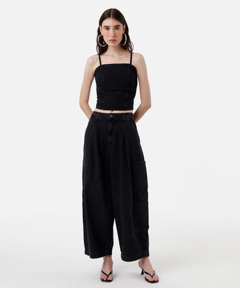 calça baggy feminina jeans cintura média preta