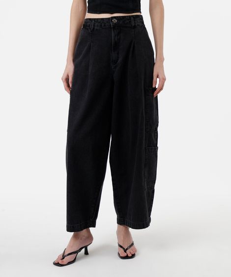 calça baggy feminina jeans cintura média preta