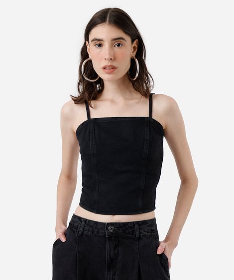 top cropped jeans feminino com alças preto