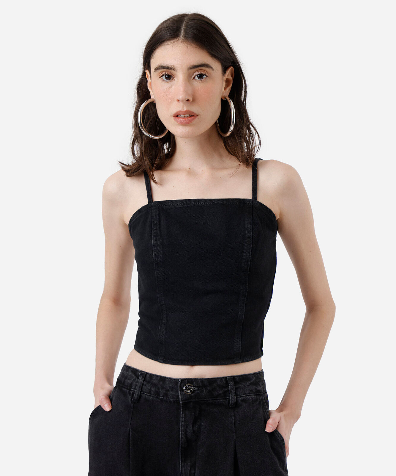 top cropped jeans feminino com alças preto