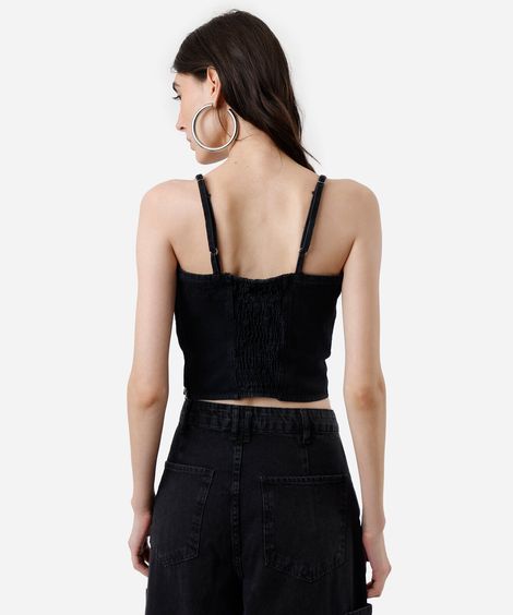top cropped jeans feminino com alças preto