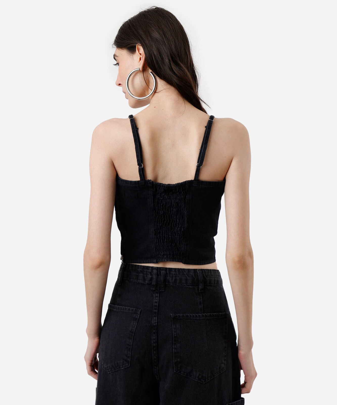 top cropped jeans feminino com alças preto