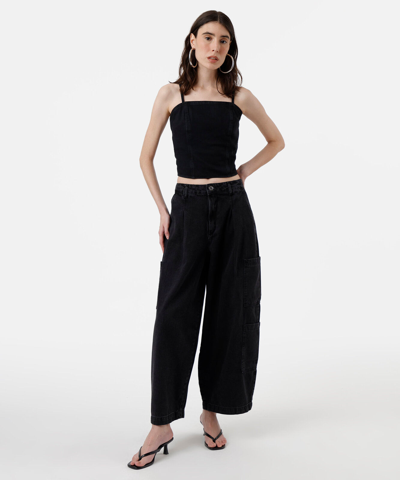 top cropped jeans feminino com alças preto
