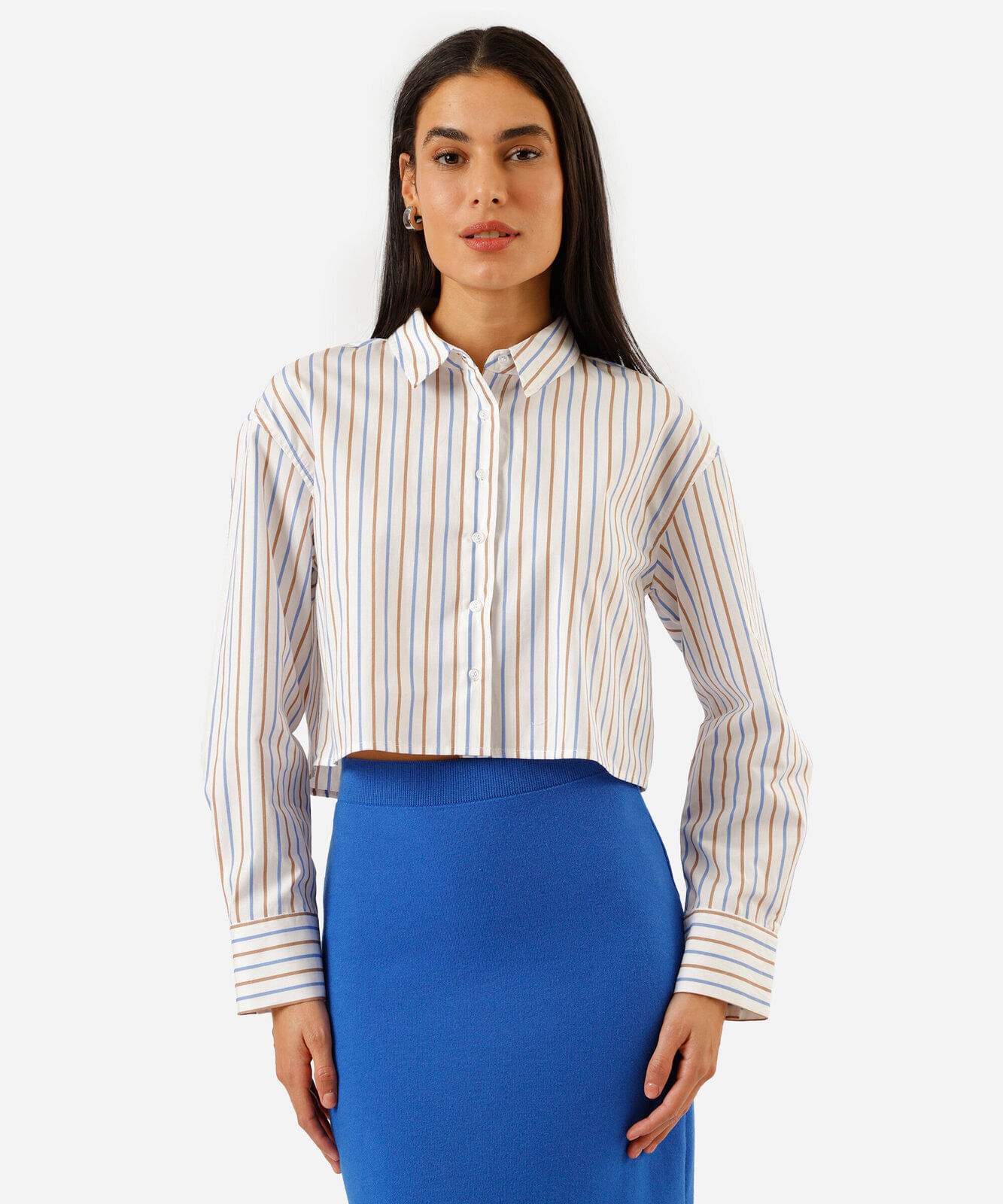 camisa cropped feminina de algodão manga longa listrada off white