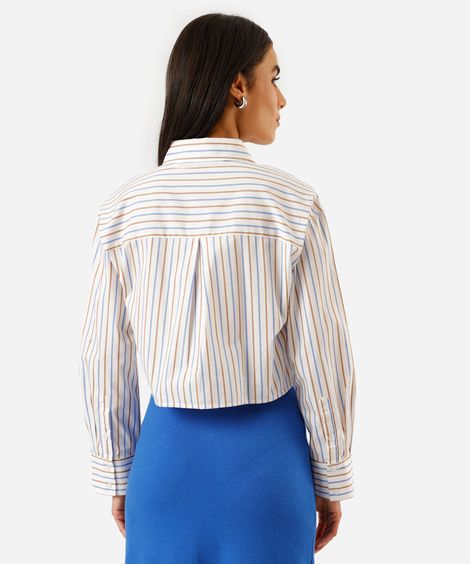 camisa cropped feminina de algodão manga longa listrada off white