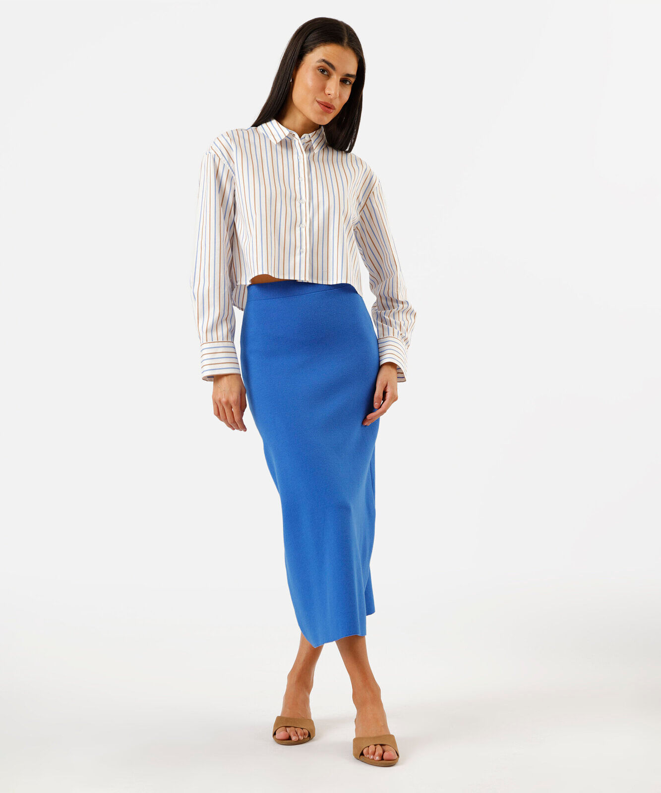 camisa cropped feminina de algodão manga longa listrada off white