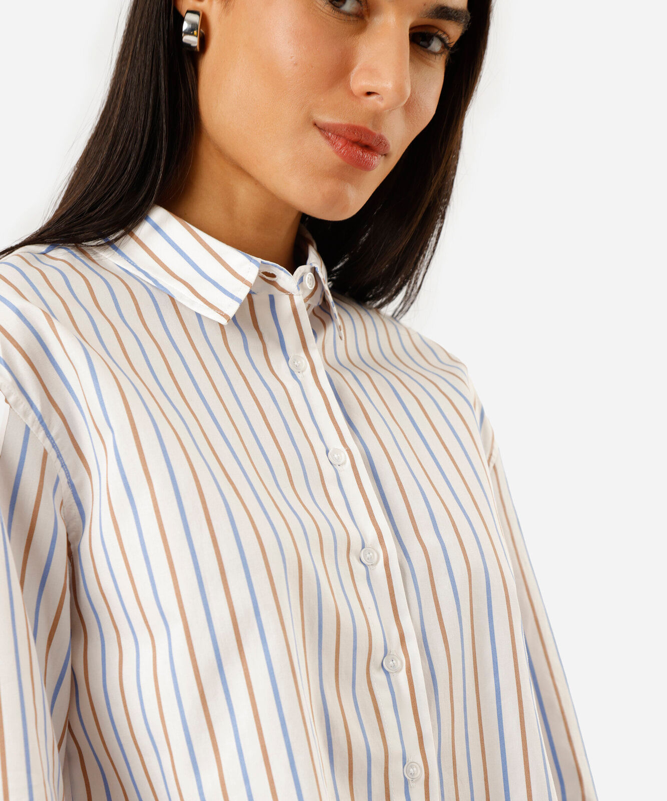 camisa cropped feminina de algodão manga longa listrada off white