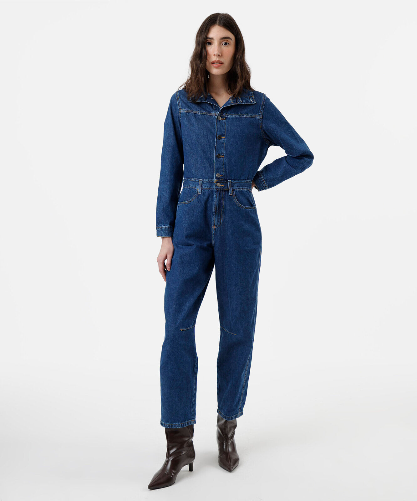 macacão feminino jeans manga longa gola funnel neck azul