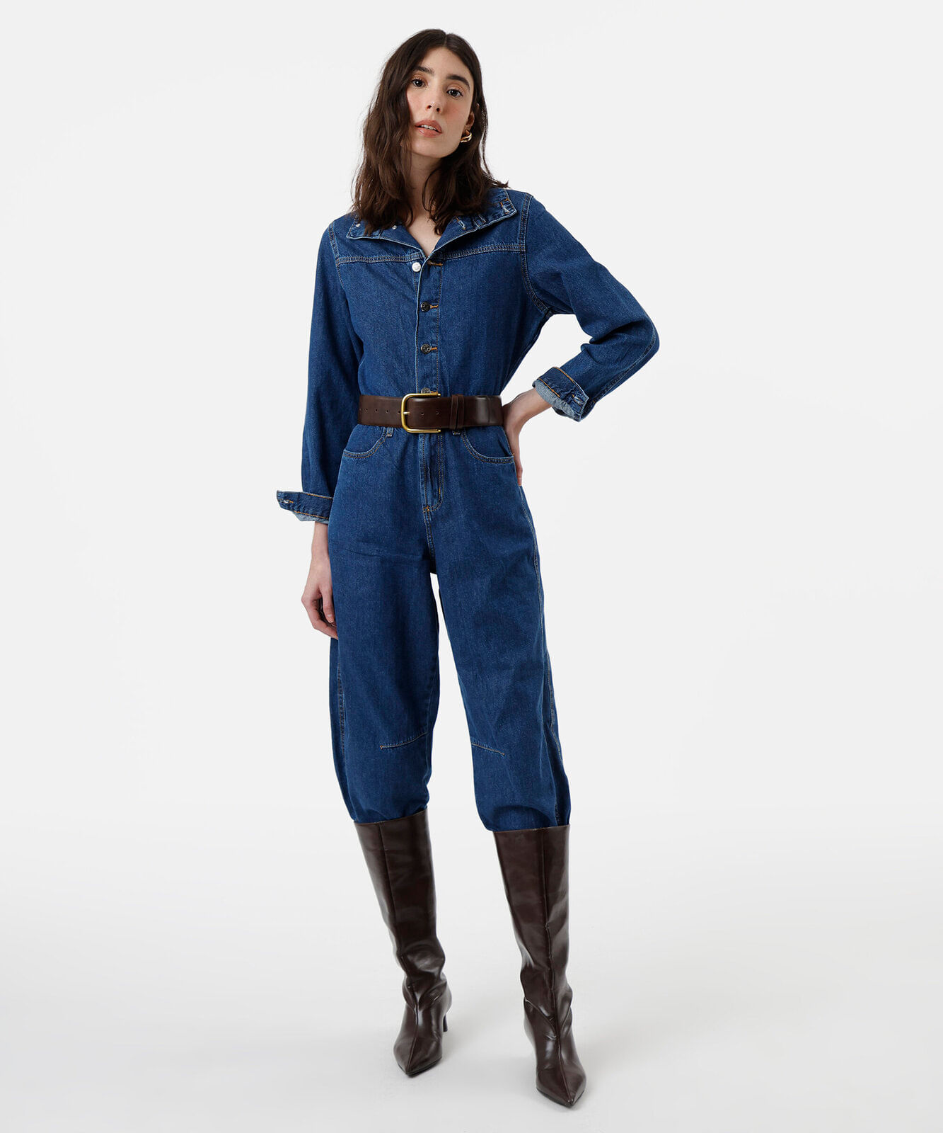 macacão feminino jeans manga longa gola funnel neck azul