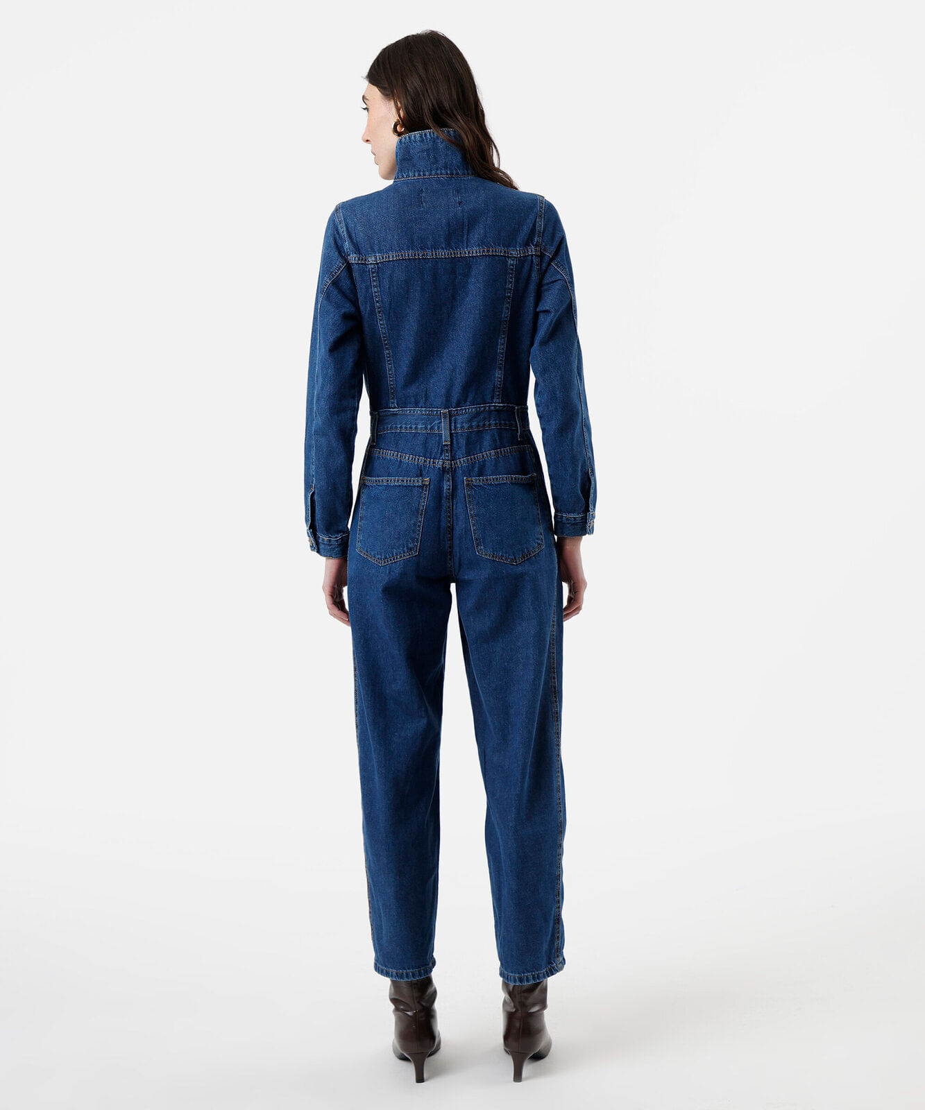 macacão feminino jeans manga longa gola funnel neck azul