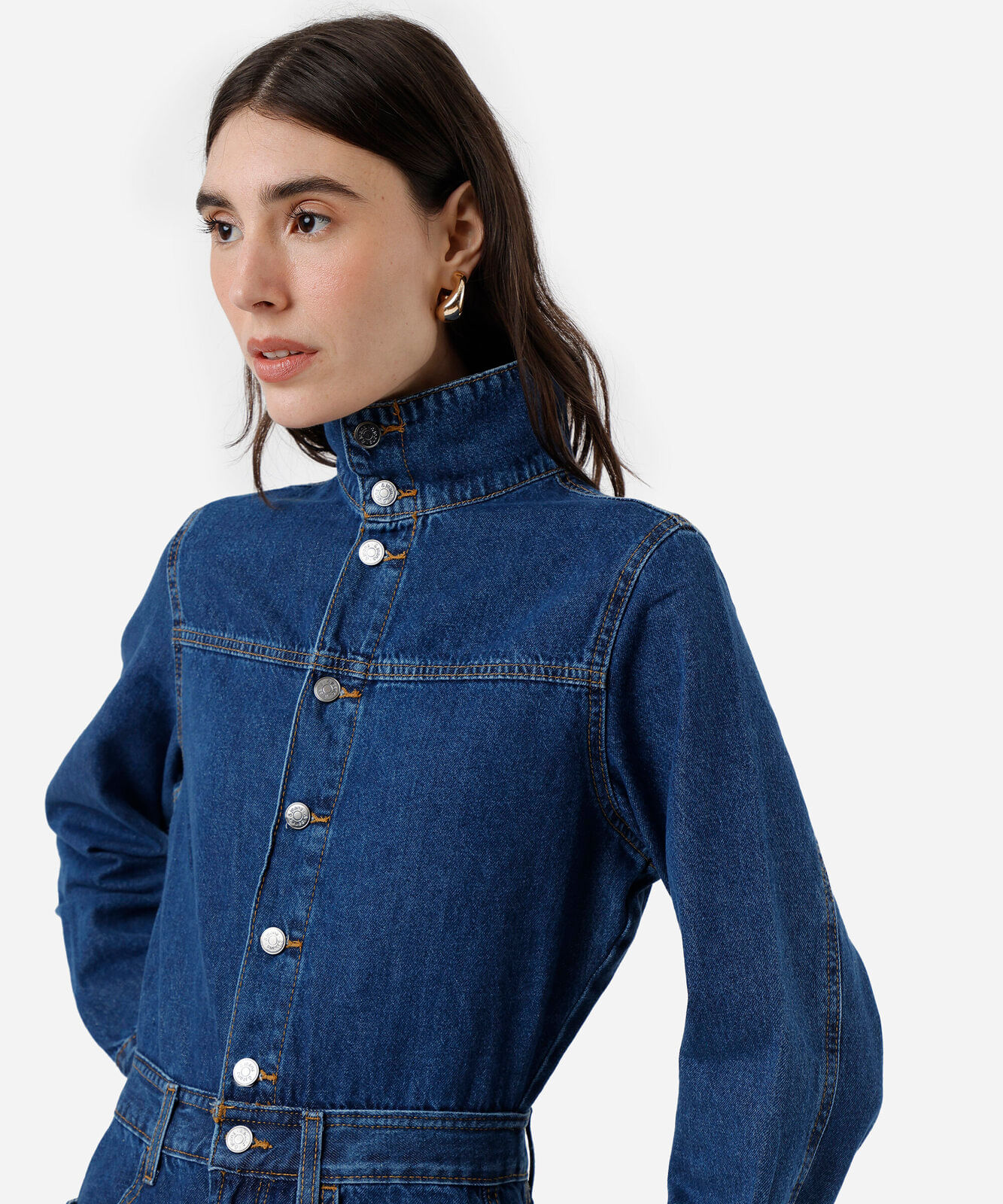 macacão feminino jeans manga longa gola funnel neck azul