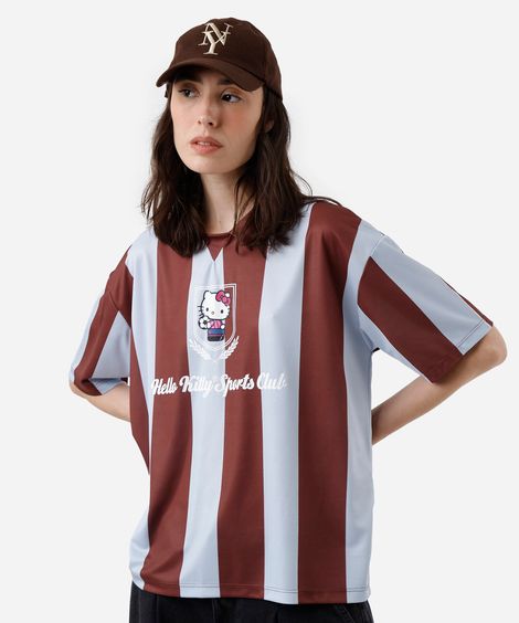 camiseta feminina com gola listrada hello kitty marrom