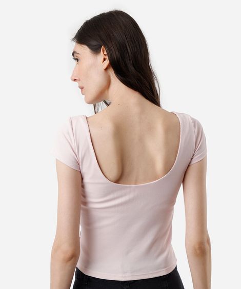 blusa feminina de algodão com bojo manga curta canelada rosa