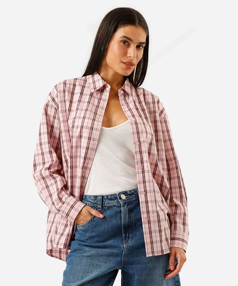 camisa oversized feminina de algodão manga longa xadrez rosa