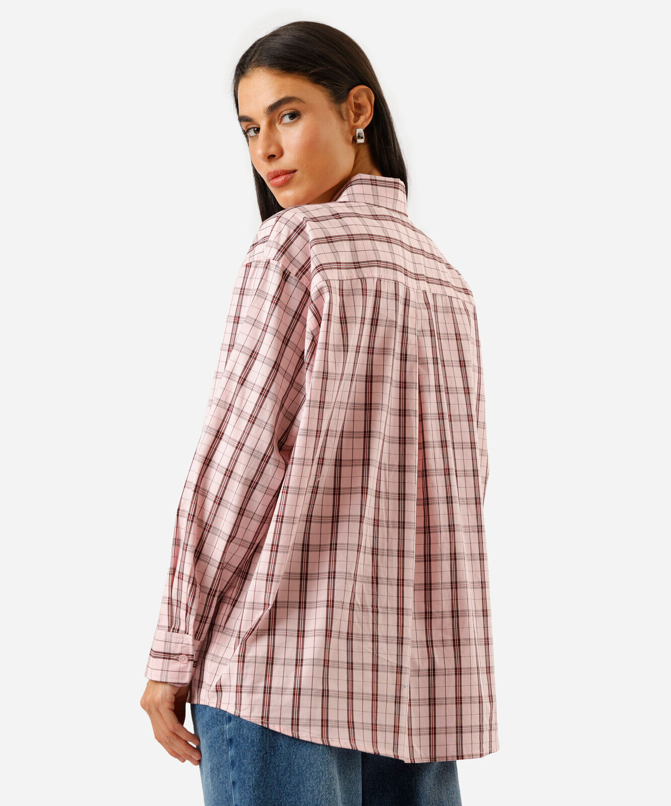 camisa oversized feminina de algodão manga longa xadrez rosa